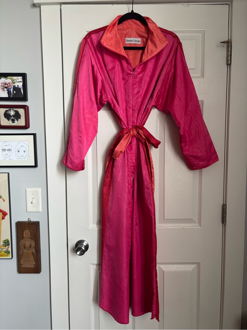 Vintage Fernando Sanchez Fuschia Red Satin Effect Belted Kaftan Long Robe
